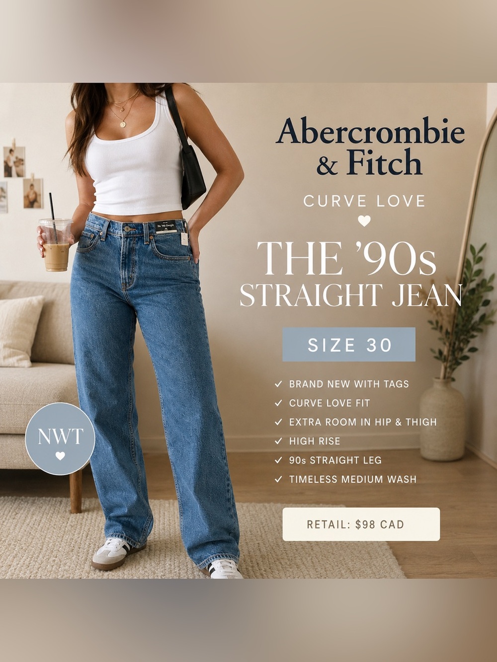 BNWT Abercrombie Curve Love ’90s Straight Jeans Size 30 Blue